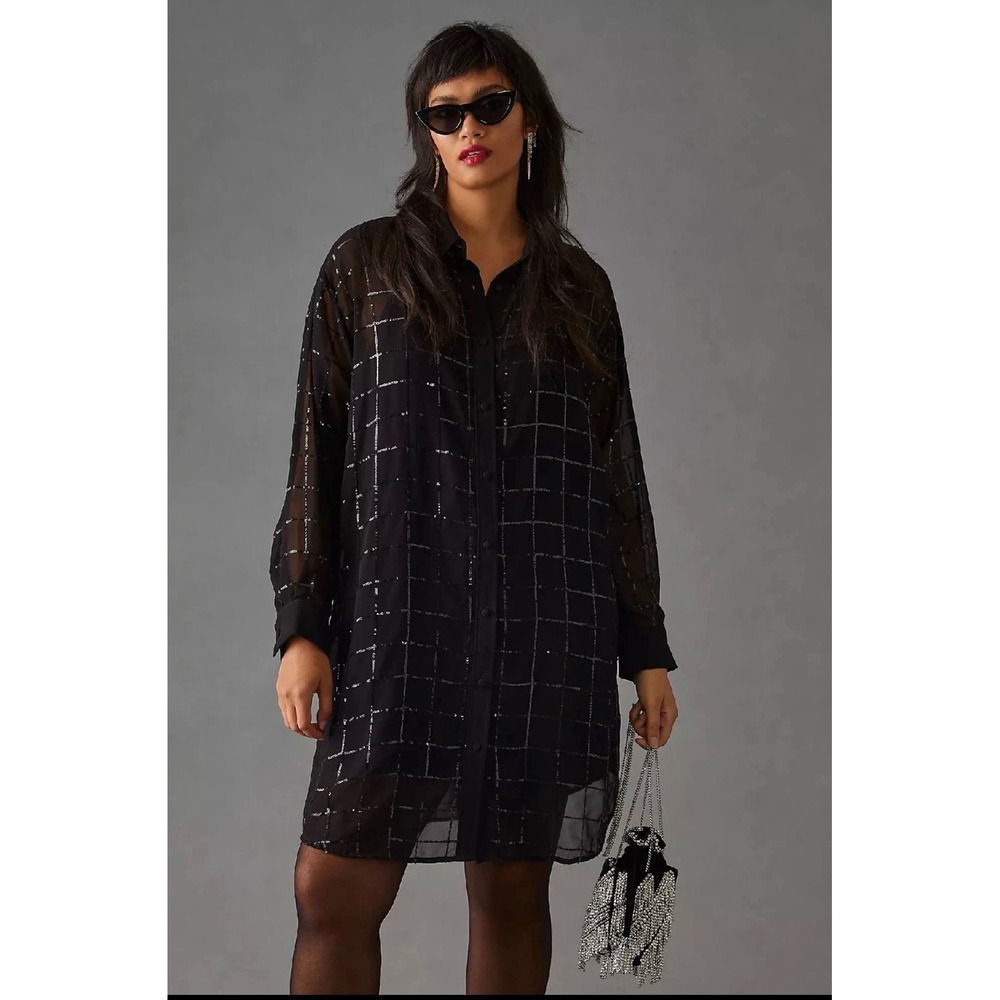 Rdalamal for Anthropologie Sequin Grid Sheer Shirt Dress Black Small Oversized